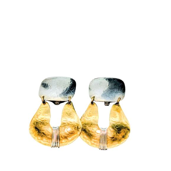 Marjorie Baer SF Signed Brass Mixed Metal Modern Dangle Drop Clip On Earrings - Picture 4 of 8